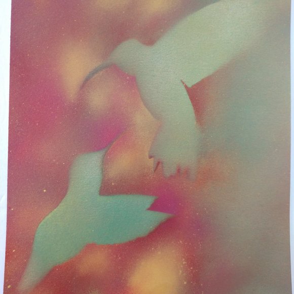 Handmade Abstract Painting of Two Green Hummingbirds In Flowers on 15x11 paper - Picture 14 of 14